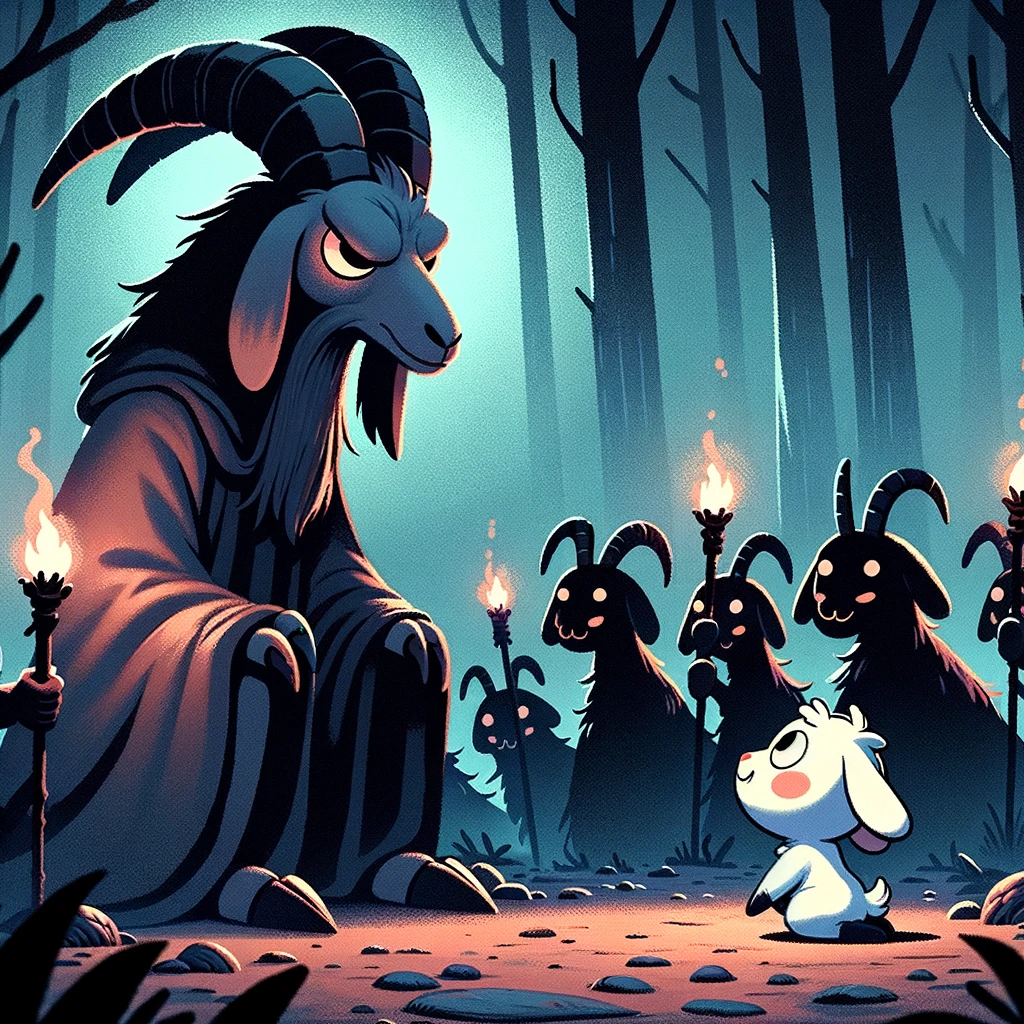 A little white goat genuflecting before a powerful goat wizard. In the background are the silhouettes of demonic goats holding torches.