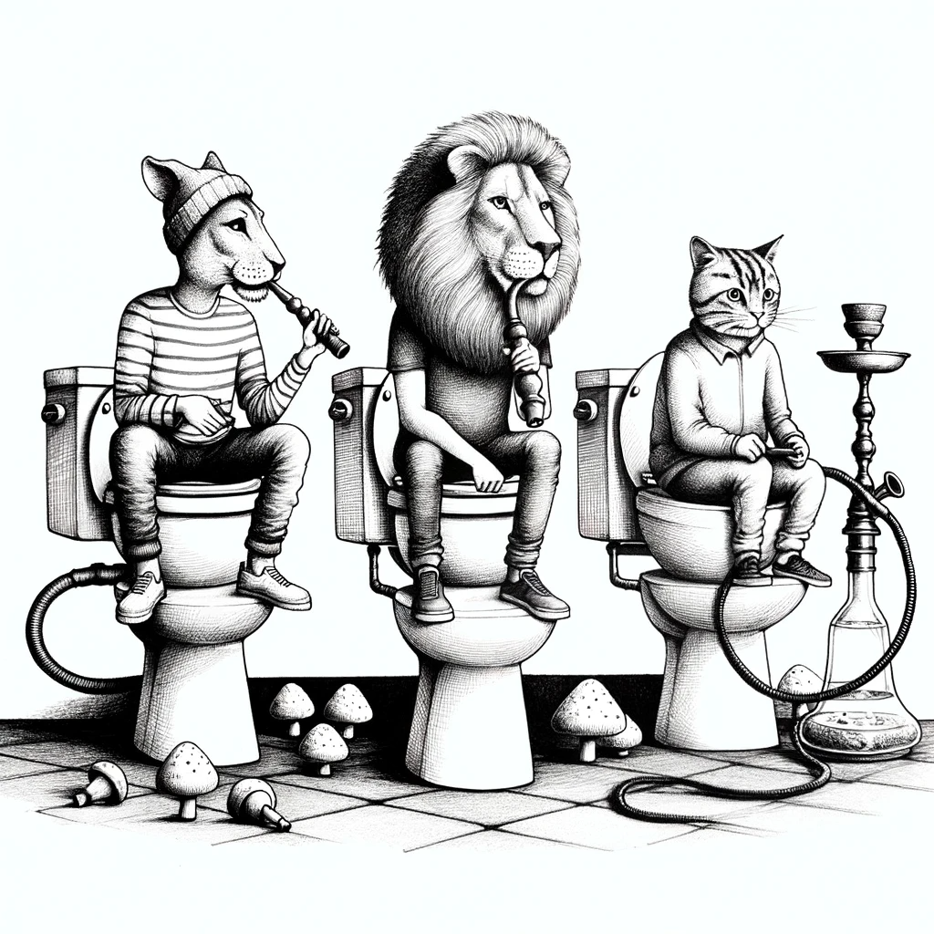 Three anthropomorphic cats sitting on toilets, smoking. One has a hookah. Mushrooms grow from the floor. The middle cat is a lion.